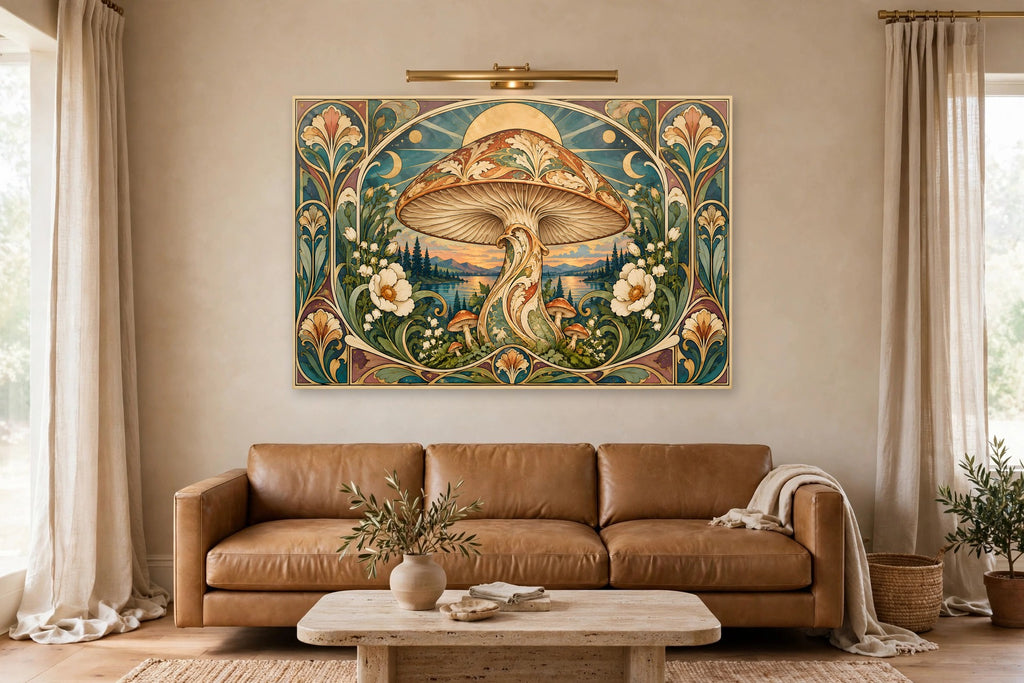 Nouveau Amber Dawn canvas shown at 60x40 in a living room, true scale