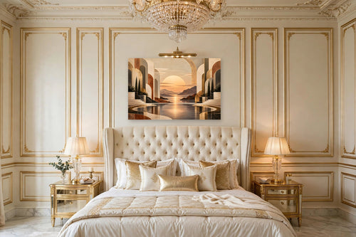 Arches Bay canvas shown at 60x40 in a living room, true scale