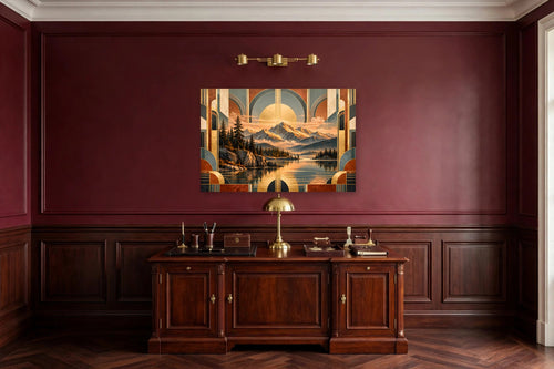 Ember Shore canvas shown at 60x40 in a living room, true scale