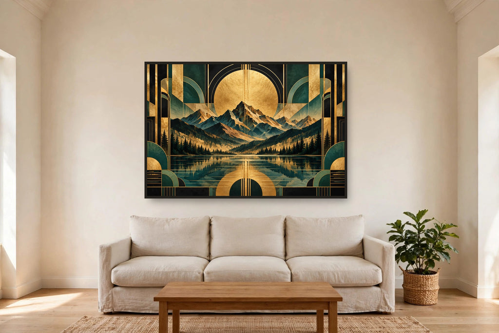 Emerald Sun canvas shown at 60x40 in a living room, true scale