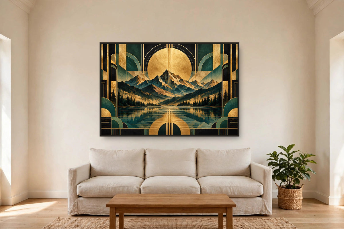 Emerald Sun canvas shown at 60x40 in a living room, true scale