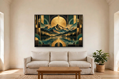 Emerald Sun canvas shown at 60x40 in a living room, true scale
