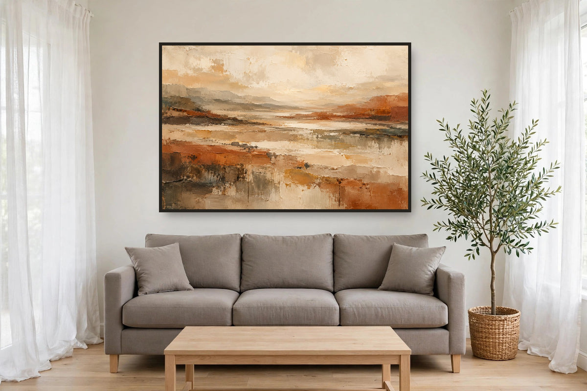Haze Valley canvas shown at 60×40 in a living room, true scale