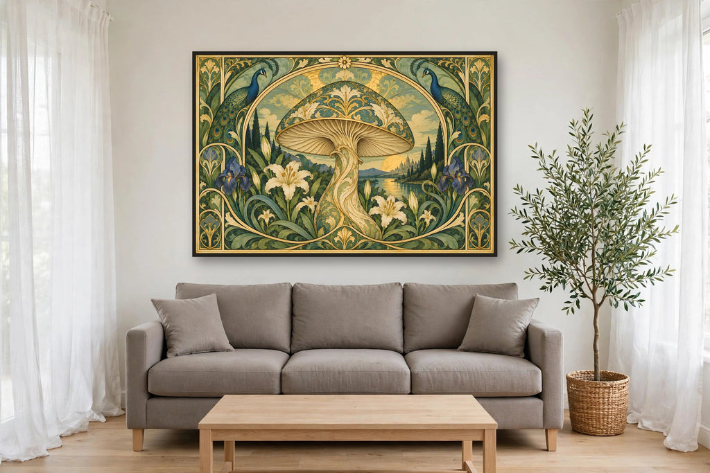 Nouveau Peacock Court canvas shown at 60×40 in a living room, true scale