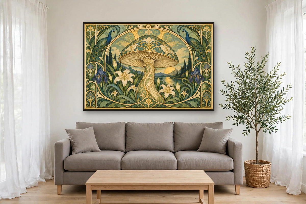 Nouveau Peacock Court canvas shown at 60×40 in a living room, true scale