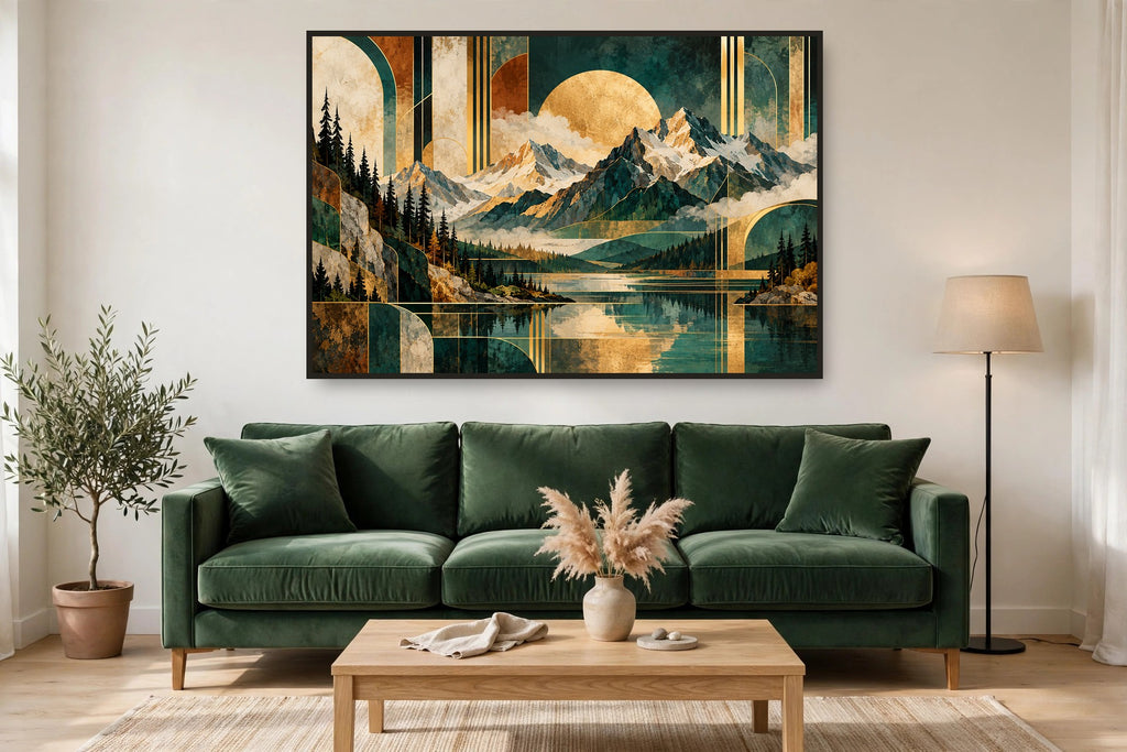Teal Summit canvas shown at 60×40 in a living room, true scale