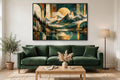 Teal Summit canvas shown at 60×40 in a living room, true scale