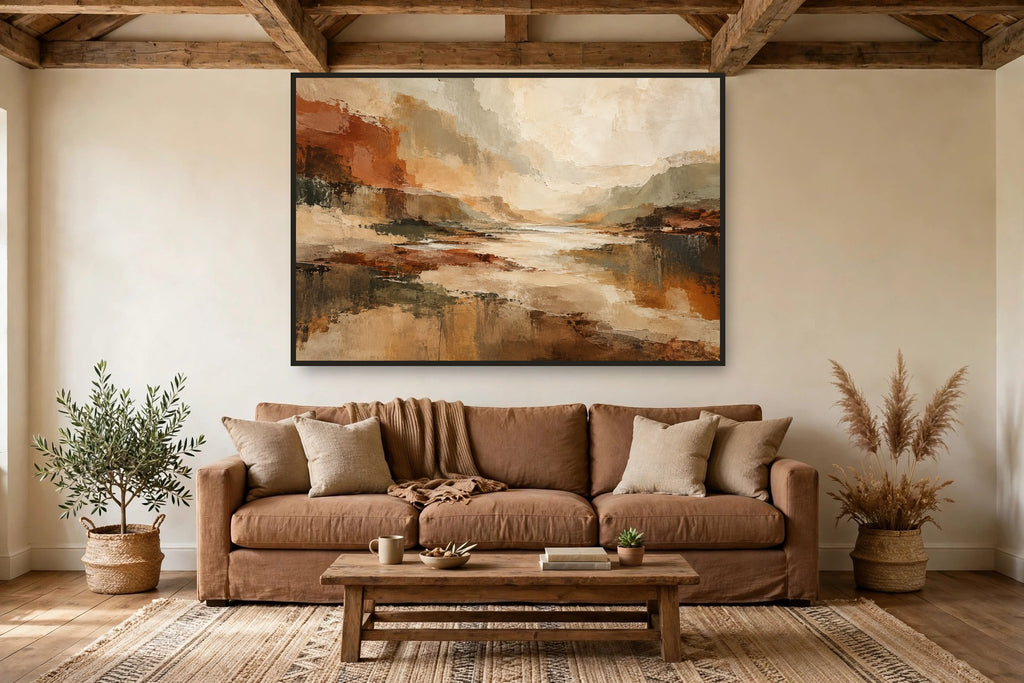 Canyon Light canvas shown at 60×40 in a living room, true scale