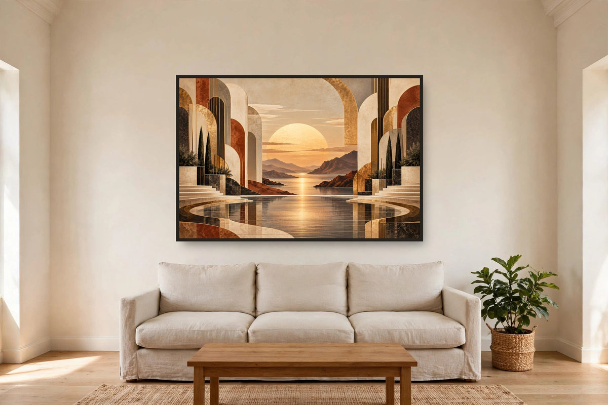 Arches Bay canvas shown at 60×40 in a living room, true scale