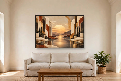 Arches Bay canvas shown at 60×40 in a living room, true scale