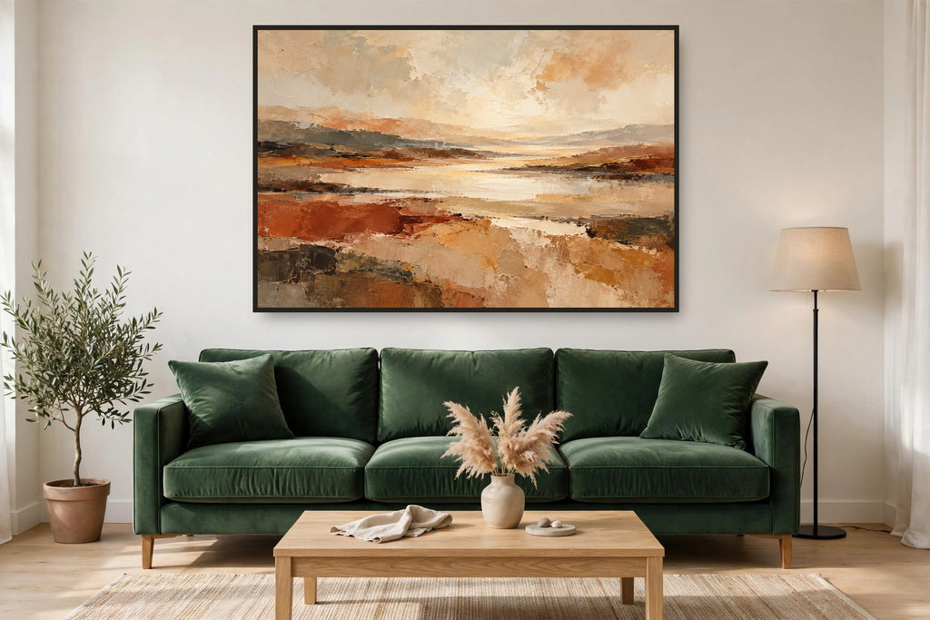 Golden Reach canvas shown at 60×40 in a living room, true scale