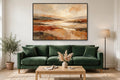 Golden Reach canvas shown at 60×40 in a living room, true scale