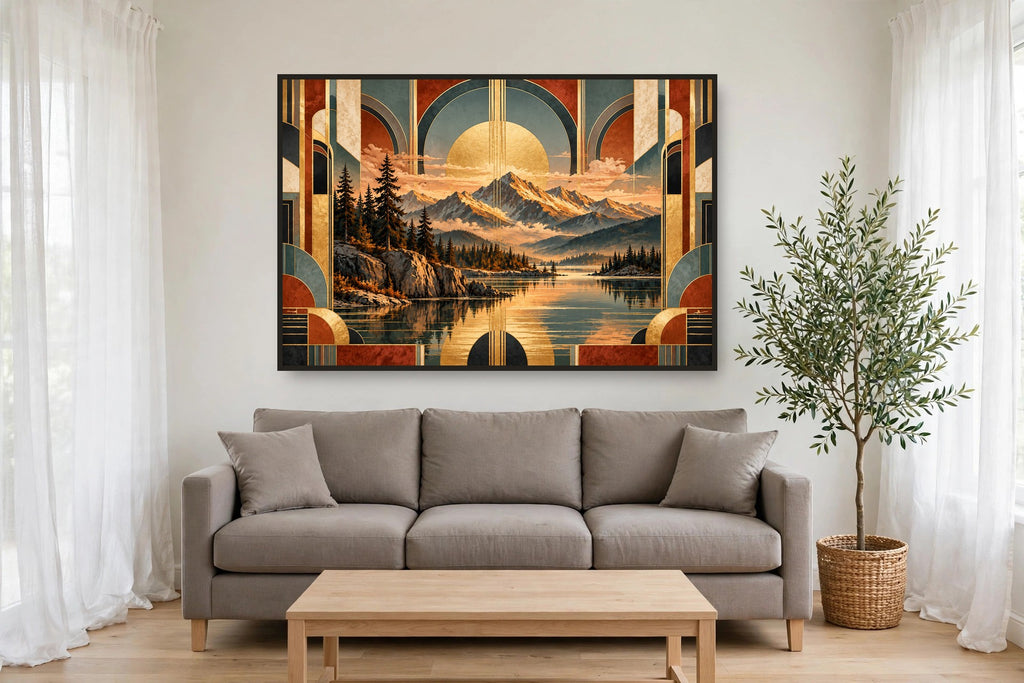 Ember Shore canvas shown at 60×40 in a living room, true scale