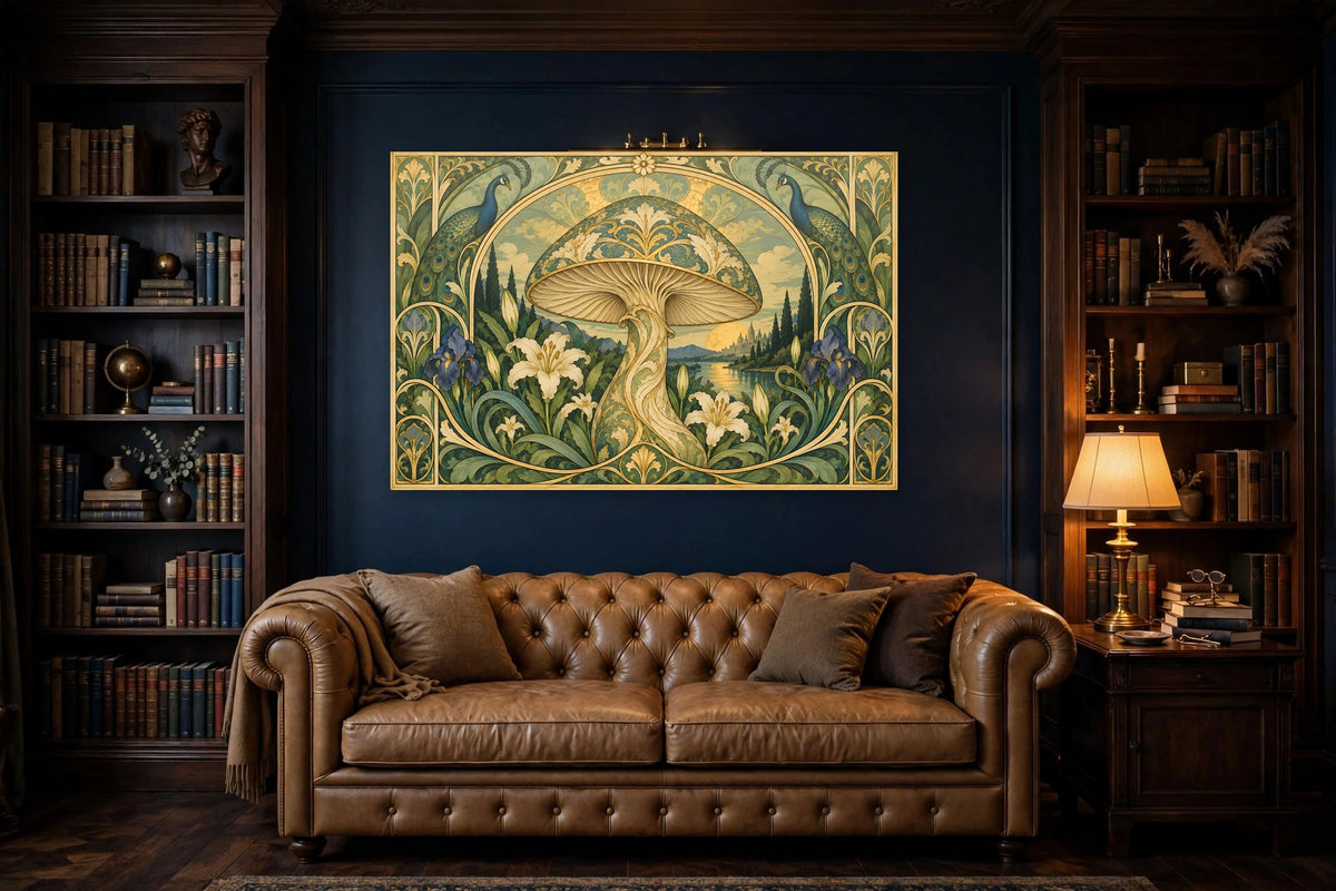 Nouveau Peacock Court canvas shown at 60x40 in a living room, true scale
