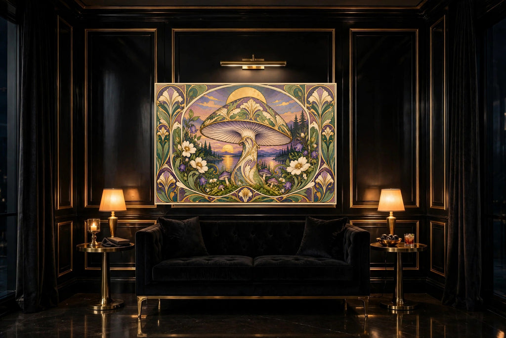 Nouveau Violet Dusk canvas shown at 60x40 in a living room, true scale