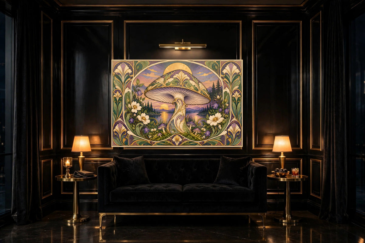 Nouveau Violet Dusk canvas shown at 60x40 in a living room, true scale